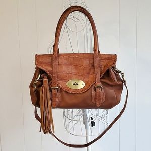 Carla Mancini All Genuine Cognac Leather Messenger Bag  Tassel Detail Crocodile